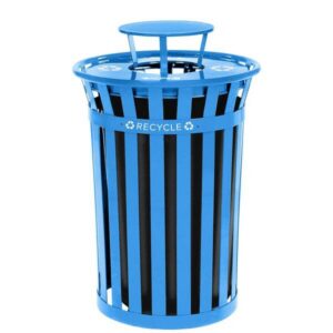 Wydman slatted metal recycling receptacle with recycling flat top, plastic liner, blue