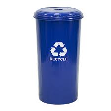 Tall round recycling wastebasket & top with combination round/slot opening, recycle blue
